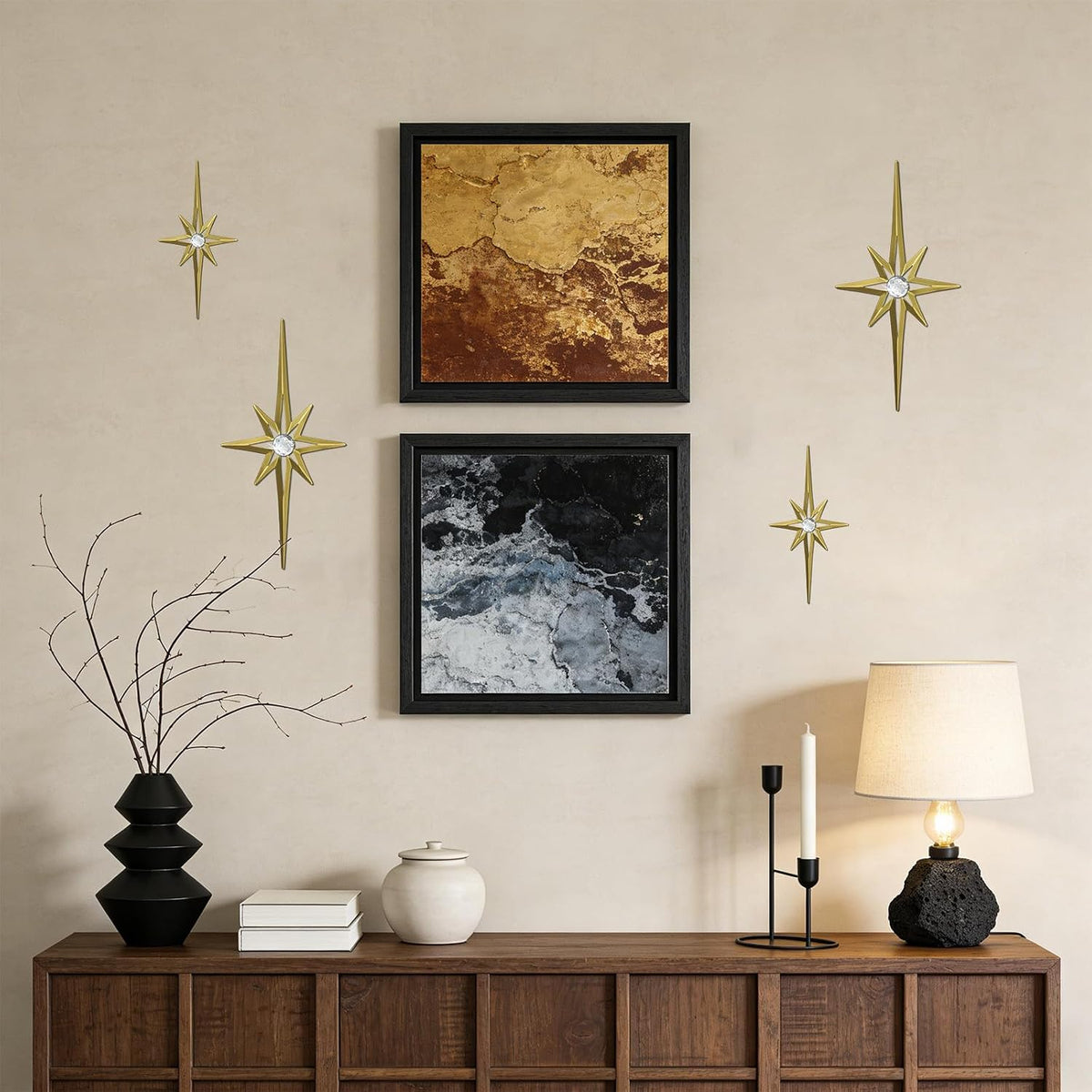 sxnzequnze 4 Pcs Star Wall Art for Home Decor Living Room Bedroom Office Metal 3D,Bling,with Hanging Hook Starburst Midcentury Sculpture Retro Gallery Accent Celestial -Gold 16.5in/9.4in