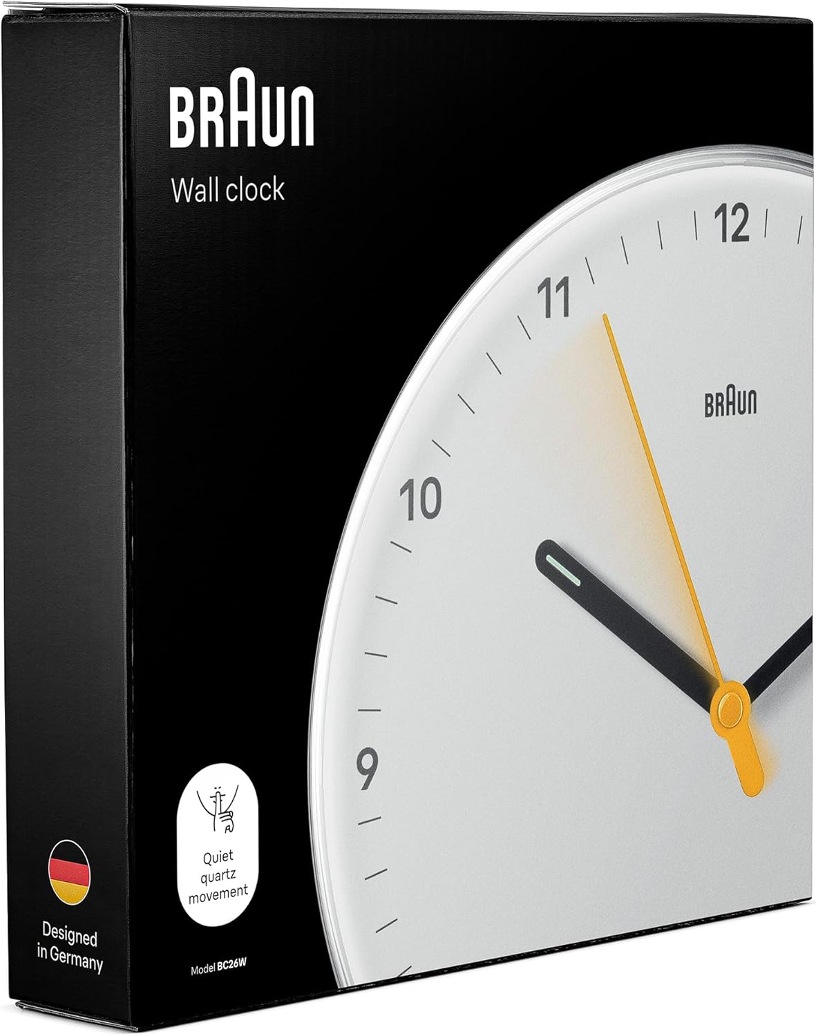 Braun Classic Analogue Wall Clock with Silent Sweeping Quartz Movement, Easy to Read, 23cm Diameter in White, Model BC26W.
