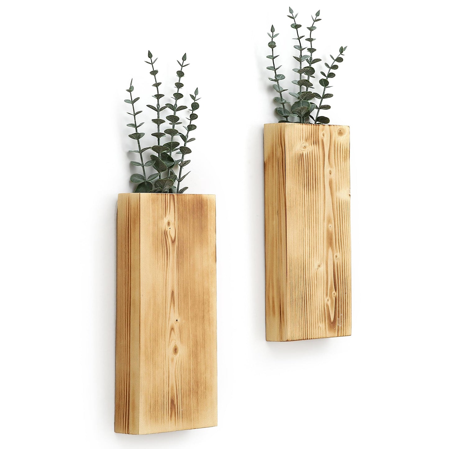 Wood Wall Planter Set of 2, Wood Wall Pocket for Greenery and Dried Flowers, Indoor Hanging Vase, Modern Farmhouse Wall Decor for Living Room Bedroom Office Eucalyptus Stems Decorations (Walnut)