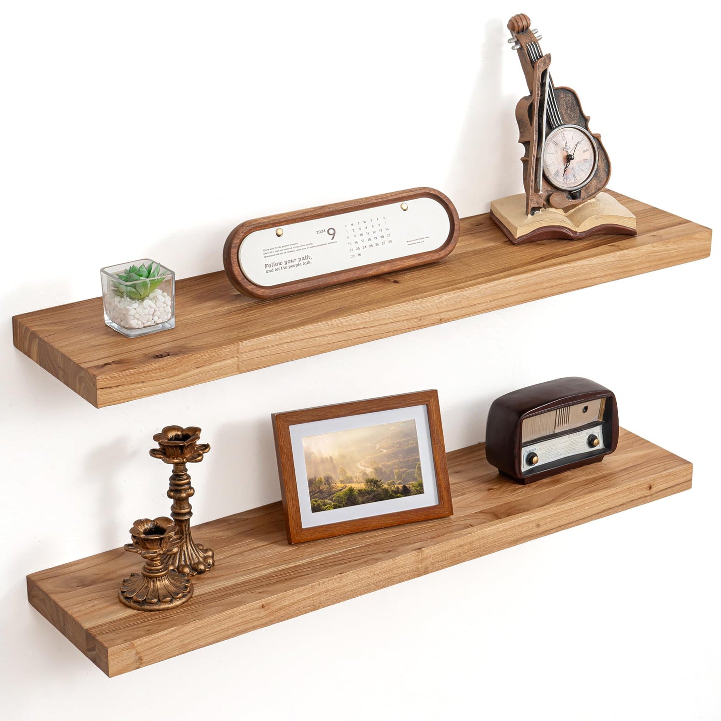 Floating Shelves for Wall Decor, Rustic Solid Elm Wood Live Edge Floating Shelves Wall Mounted, Wall Shelves with Invisible Bracket for Living Room Bathroom Bedroom Kitchen, 24 Inch Set of 2, Natural