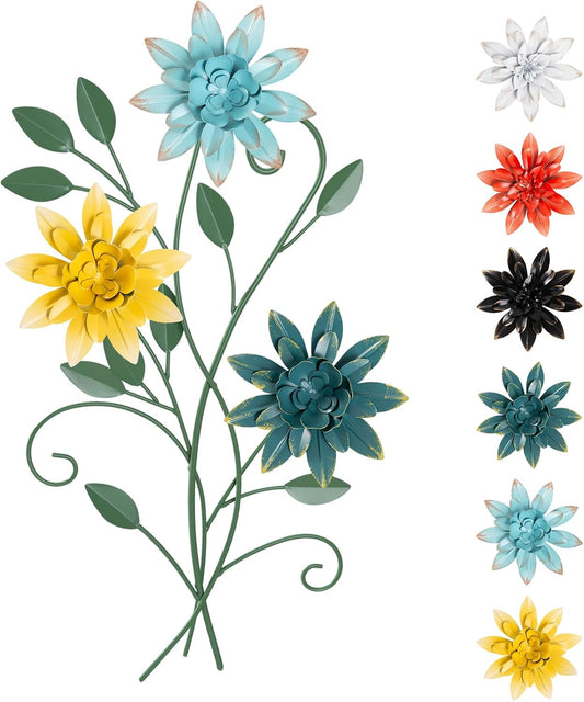 KHJCXS 19"×12" Metal Flower Leaf Wall Art with 6 Piece Interchangeable Flowers, Modern Rustic Iron Artwork Hanging Decor, for Home Bedroom Living Room Dining Room Kitchen Office