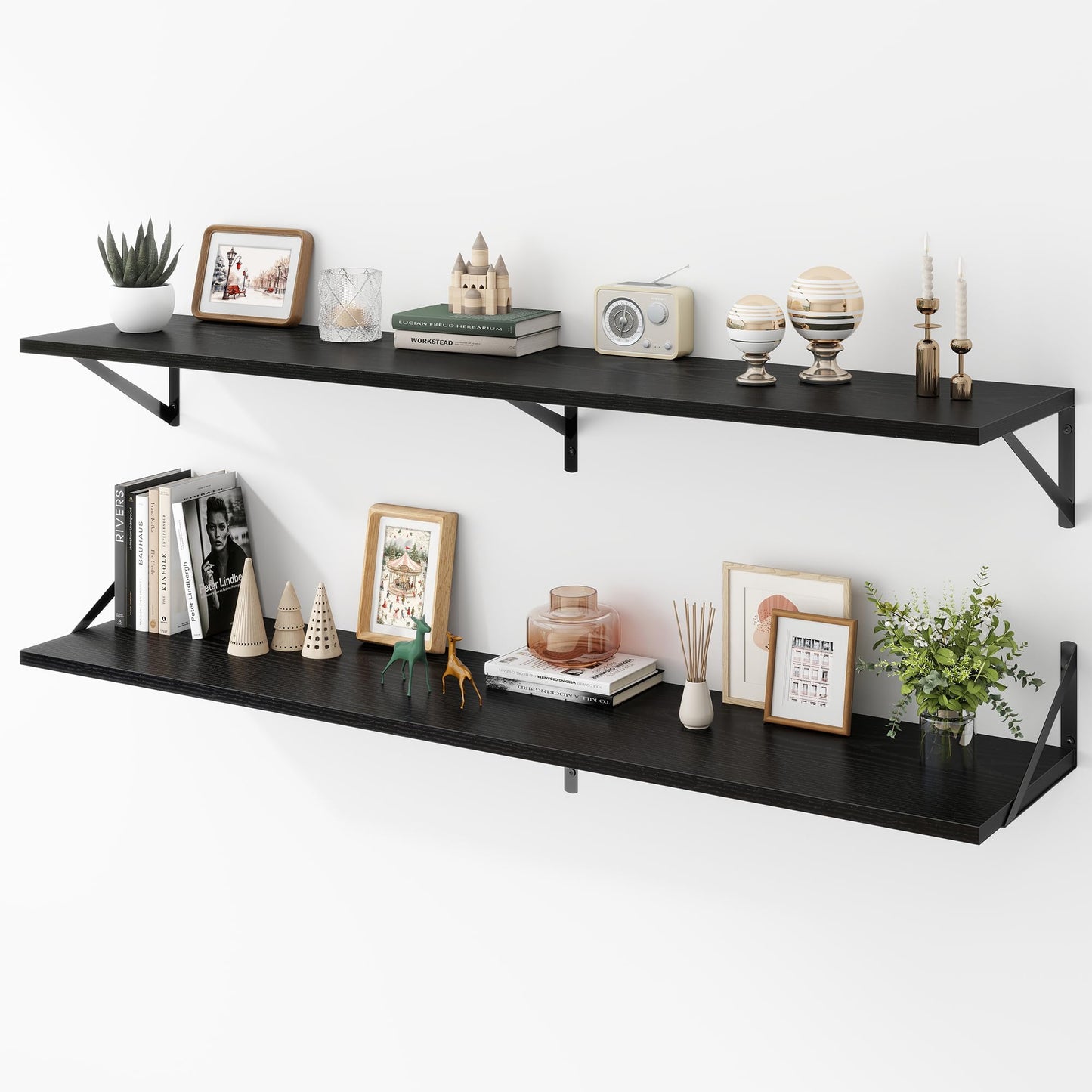 Acovy Deep Floating Shelves Wall Mounted, 36"x12" Brown Wood Shelves with Brackets Set of 2 for Bedroom, Living Room, Bathroom, Kitchen, Office - Storage & Display Shelf for Decor, Books, Plants