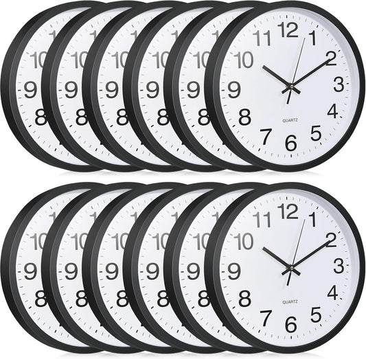 Inbagi 12 Pcs Silent Wall Clocks 12 Inch Large Quartz Analog Clock Black