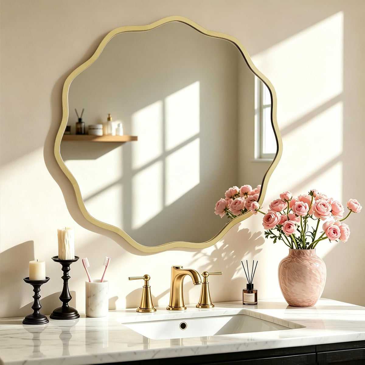 HOMECOOKIN 24" Wavy Round Wall Mirror, Gold Scalloped Circle Mirror Edge Round with Metal Frame, Modern Decorative Hanging/Leaning Mirrors for Bathroom, Hotels, Hallway, Entryway, Vanity, Office