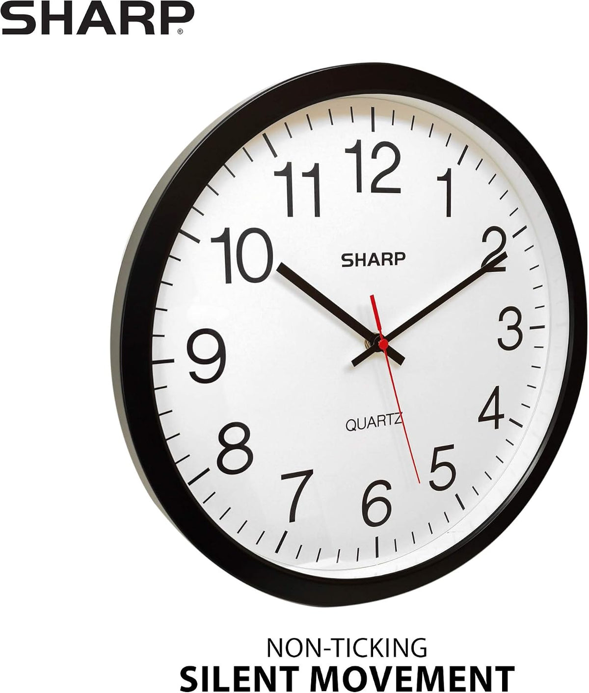 Sharp 14-Inch Battery Wall Clock, Silent Non-Ticking, Easy-Read, Black