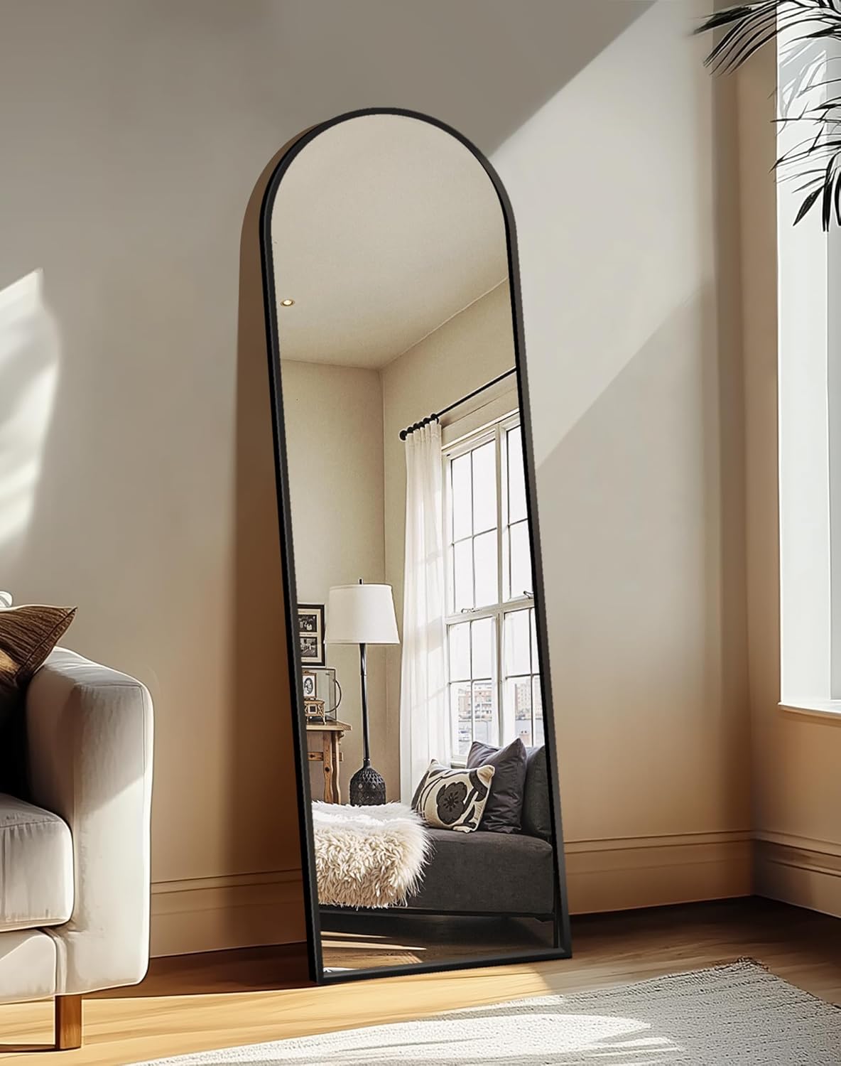 Delma Arched Full Length Mirror with Stand, Black Floor Mirror