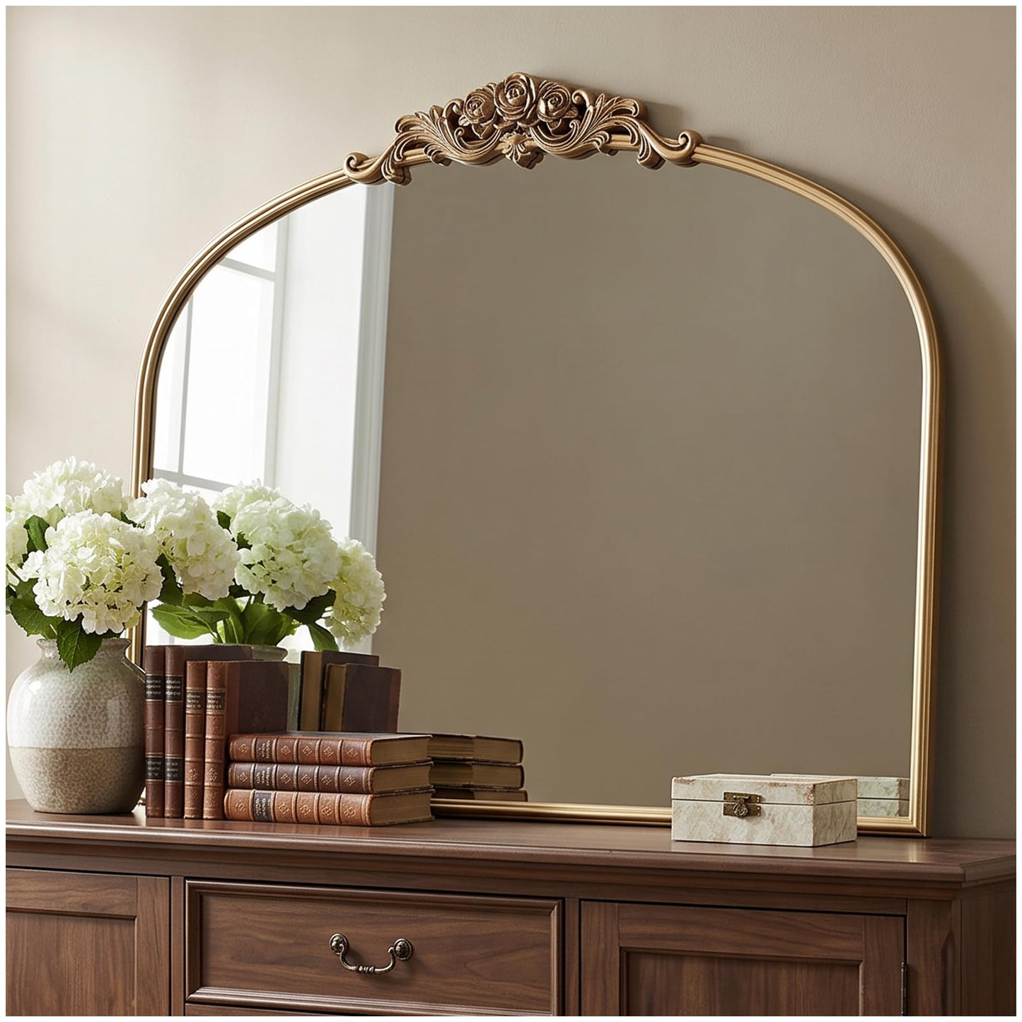 Antique Gold Arched Wall Mirror, 36" x 28" Beaded Mirror