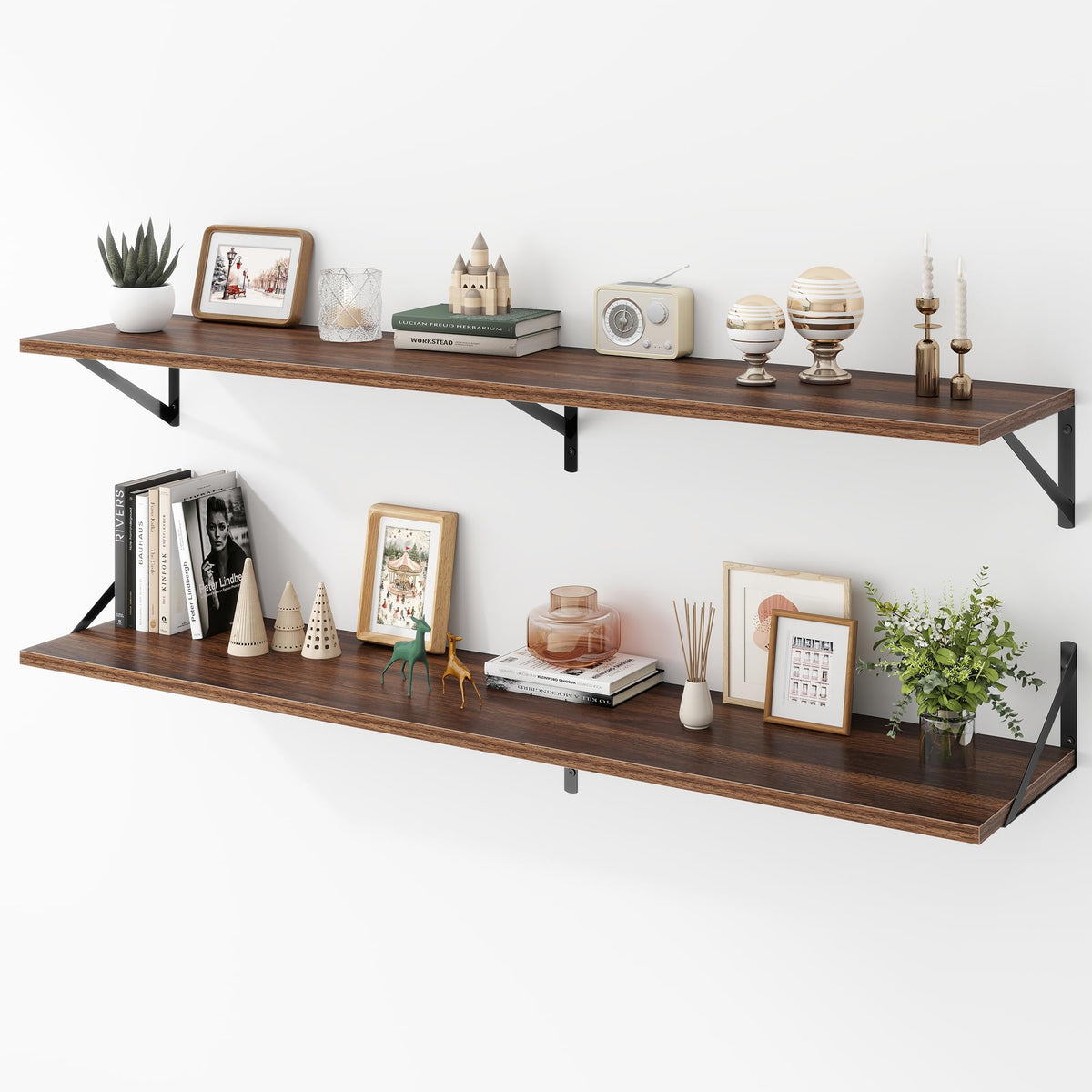 Acovy Deep Floating Shelves Wall Mounted, 36"x12" Brown Wood Shelves with Brackets Set of 2 for Bedroom, Living Room, Bathroom, Kitchen, Office - Storage & Display Shelf for Decor, Books, Plants