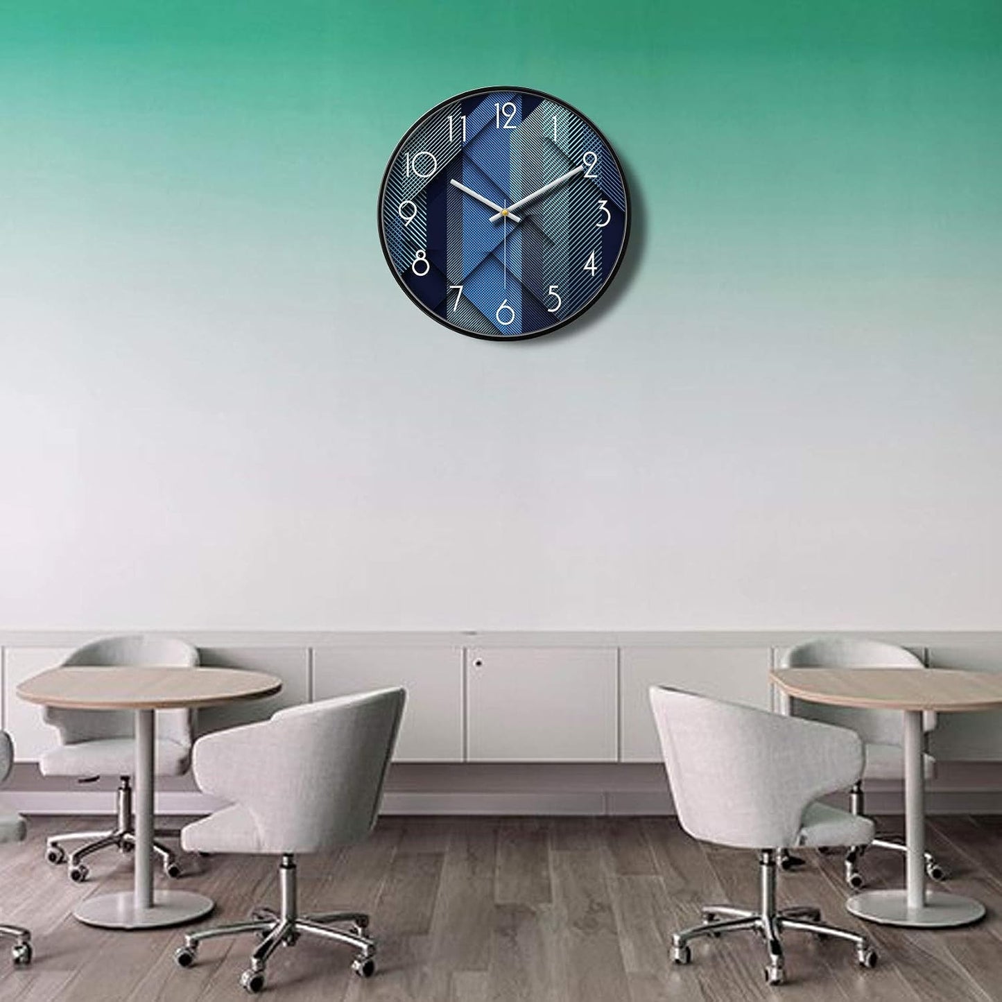 Silent Non-Ticking Analog Wall Clock, Geometric Blue Print, 12''