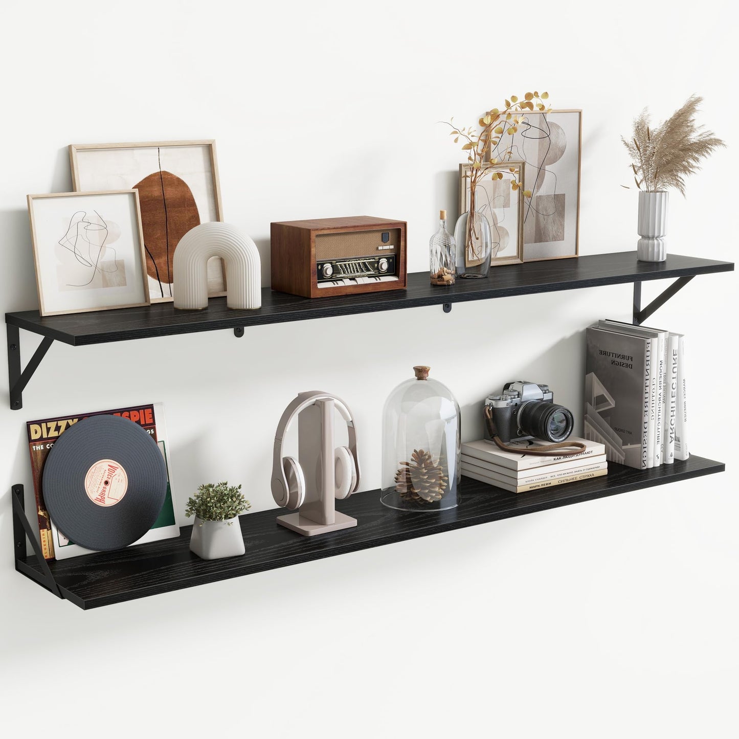 Acovy Deep Floating Shelves Wall Mounted, 36"x12" Black Wall Shelves with Brackets Set of 2 for Bedroom, Living Room, Bathroom, Kitchen, Office - Storage & Display Shelf for Decor, Books, Plants
