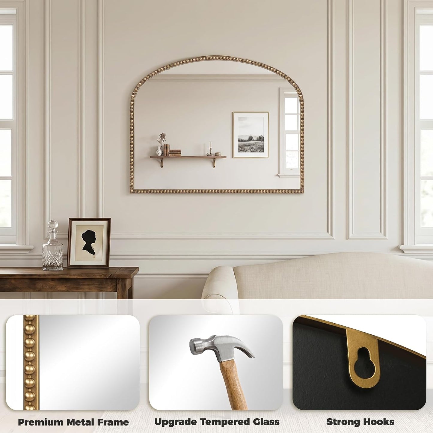 Antique Gold Arched Wall Mirror, 36" x 28" Beaded Mirror