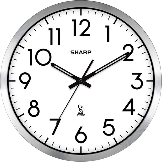 Sharp 12-Inch Atomic Wall Clock, Battery Operated, Silver Brushed Finish