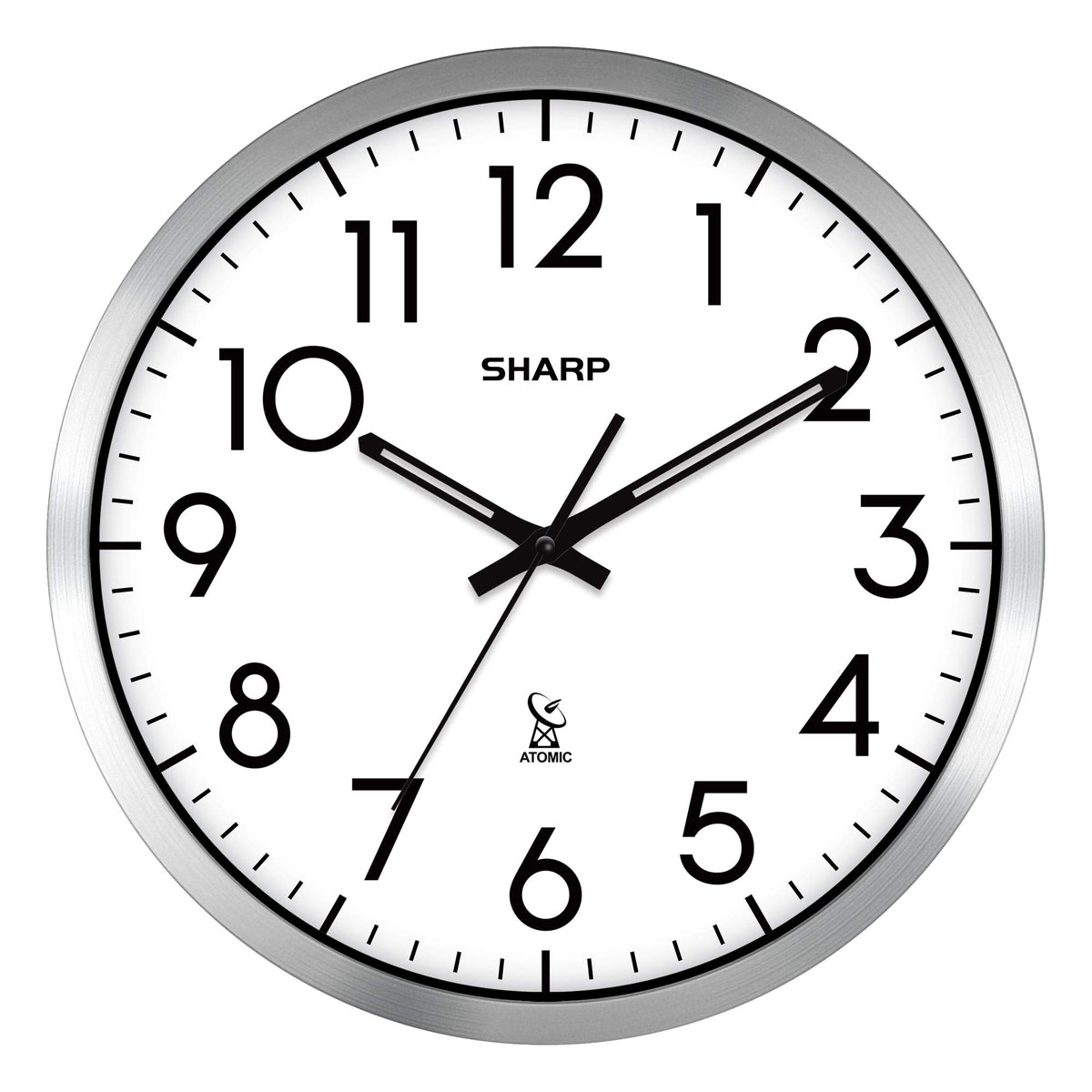 Sharp 12-Inch Atomic Wall Clock, Battery Operated, Silver Brushed Finish