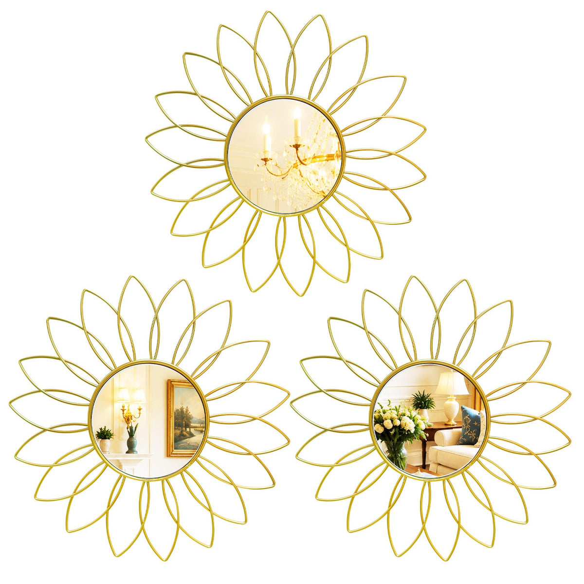 3 Pack Metal Mirrors for Wall Sunburst Wall Mirrors Home Décor Decorative Hanging Wall Art for Living Room Bedroom Entryway (Gold, Flower+Sunburst)