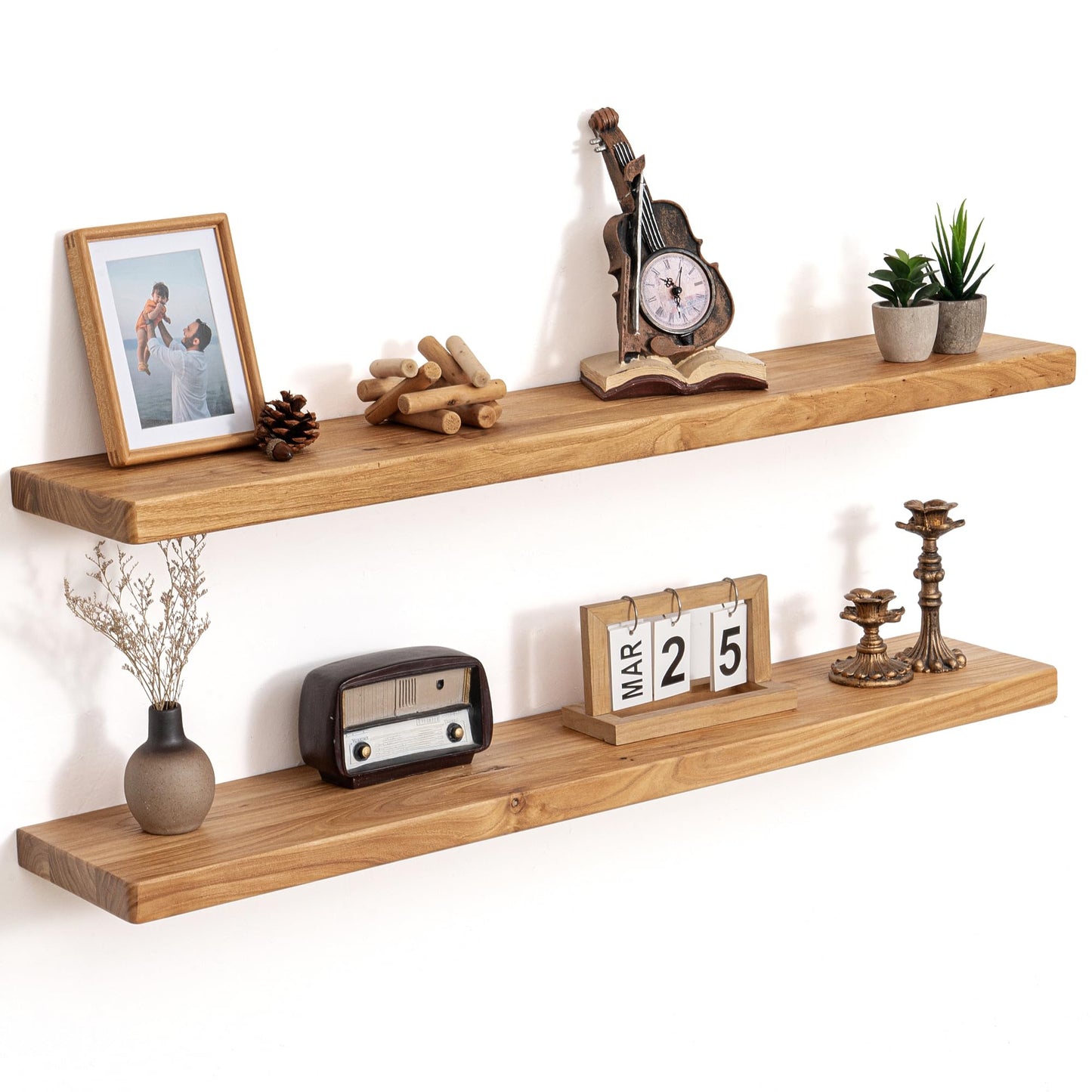 Floating Shelves for Wall Decor, Rustic Solid Elm Wood Live Edge Floating Shelves Wall Mounted, Wall Shelves with Invisible Bracket for Living Room Bathroom Bedroom Kitchen, 24 Inch Set of 2, Natural