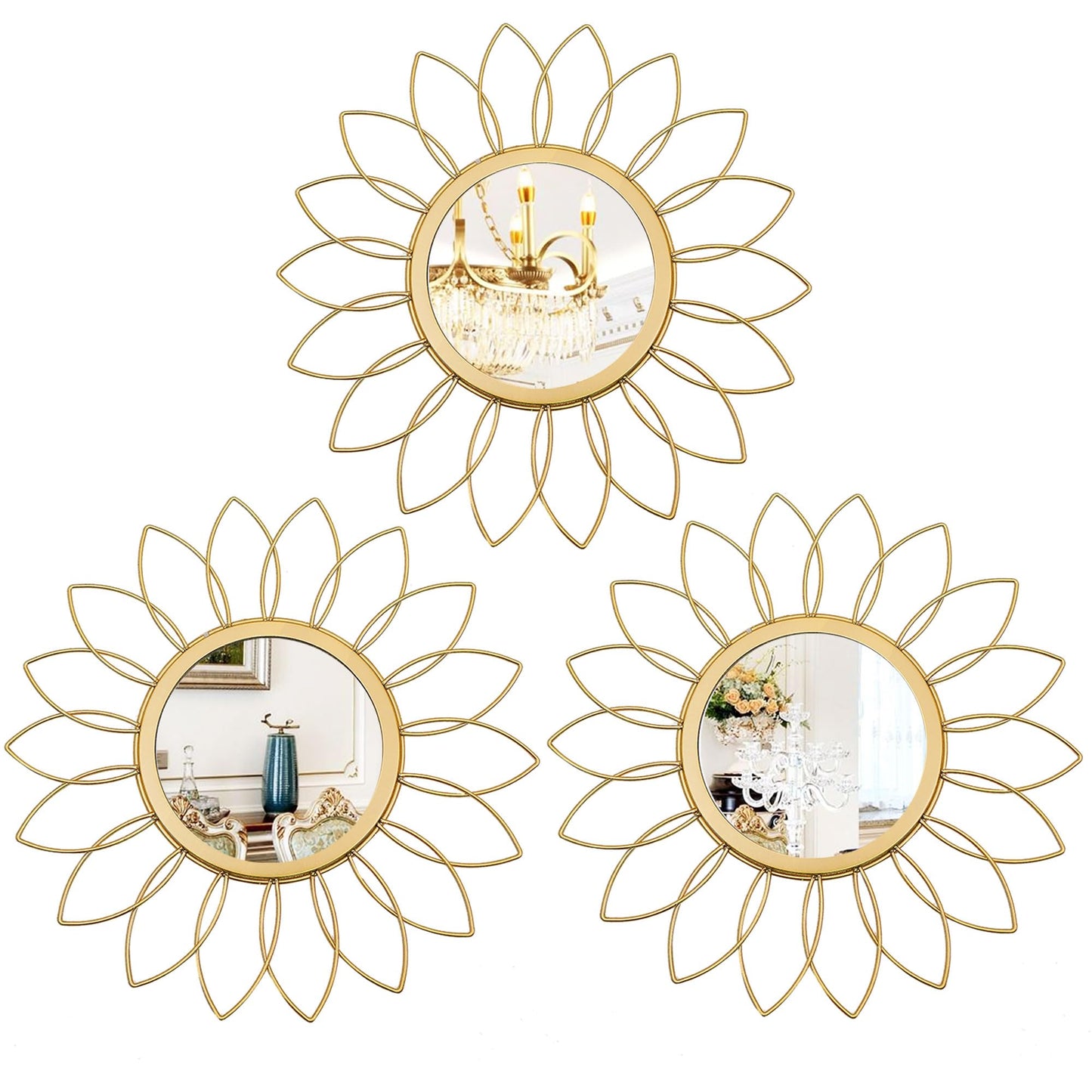 3 Pack Metal Mirrors for Wall Sunburst Wall Mirrors Home Décor Decorative Hanging Wall Art for Living Room Bedroom Entryway (Gold, Flower+Sunburst)