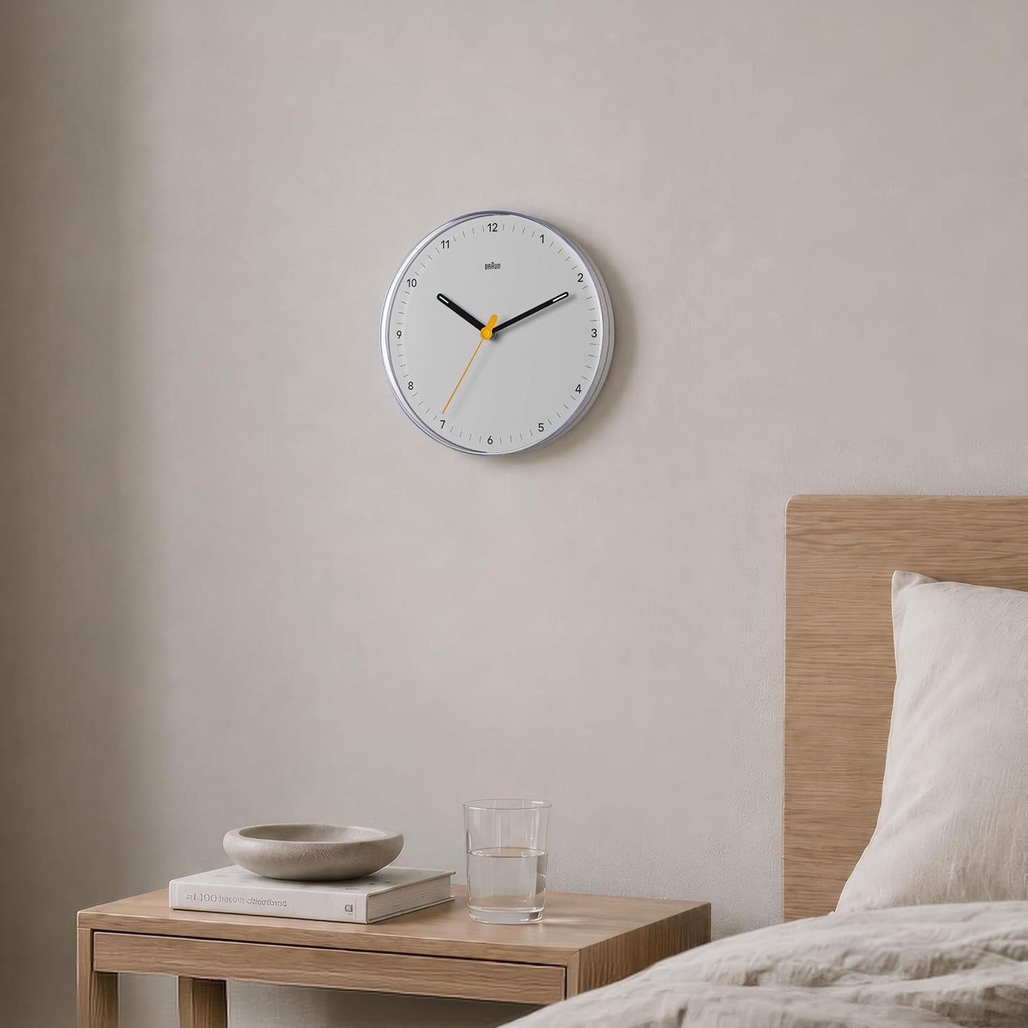 Braun Classic Analogue Wall Clock with Silent Sweeping Quartz Movement, Easy to Read, 23cm Diameter in White, Model BC26W.