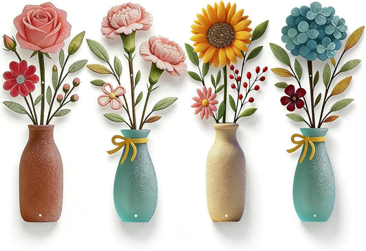 sxnzequnze 4 Set Metal Flower Wall Art for Home Decor Living Room Bedroom Bathroom Dining Room Metal Flowers Design Handcrafted Iron Textured Hanging Sculptures Wall Decor Floral -Colorful 13.7in
