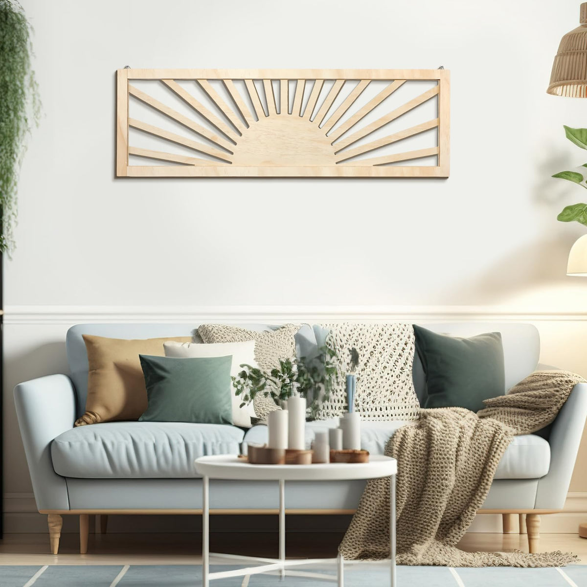 Burbell Horizontal Sun Wall Art 35"x12" Boho Wooden Room Decor,Dark Brown