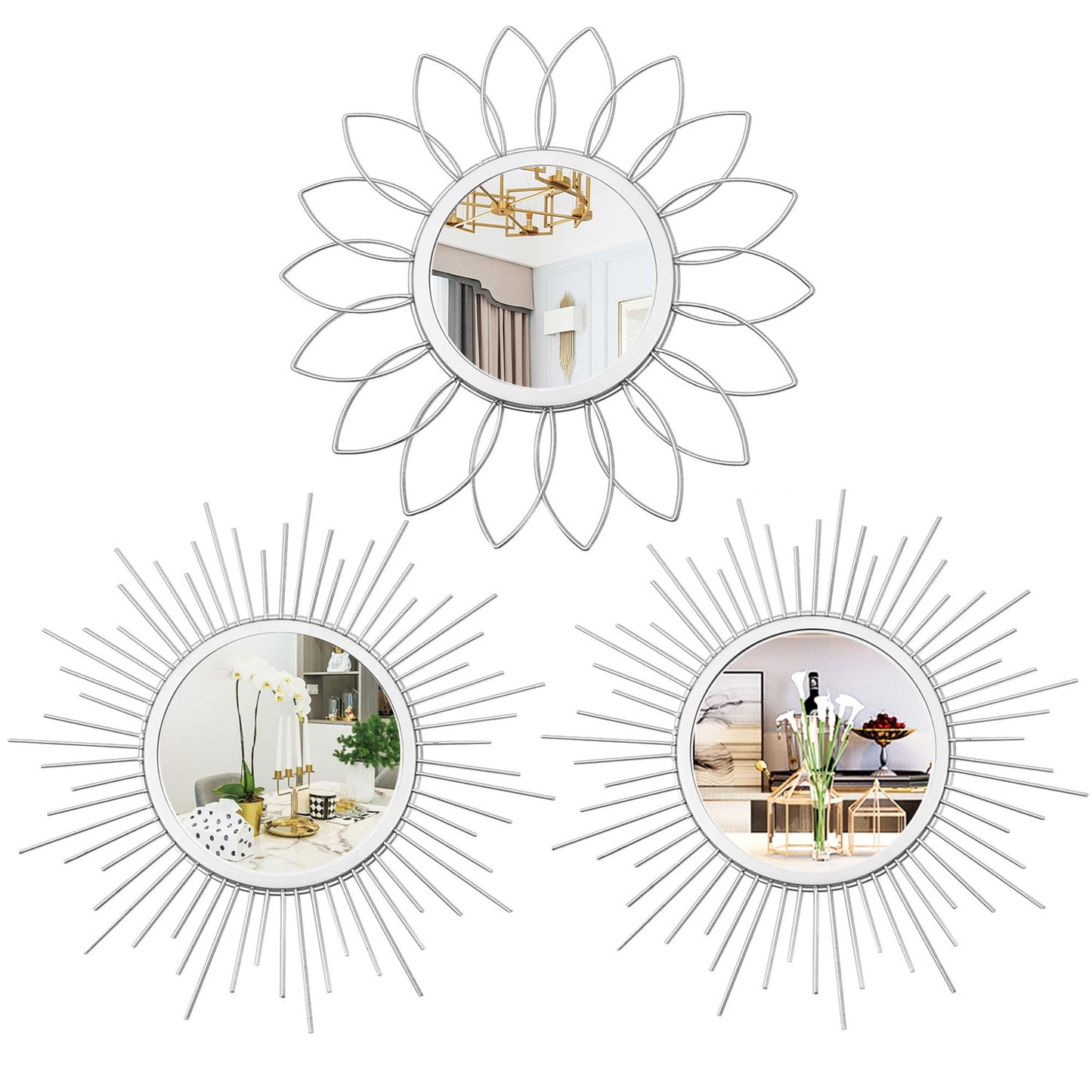 3 Pack Metal Mirrors for Wall Sunburst Wall Mirrors Home Décor Decorative Hanging Wall Art for Living Room Bedroom Entryway (Gold, Flower+Sunburst)