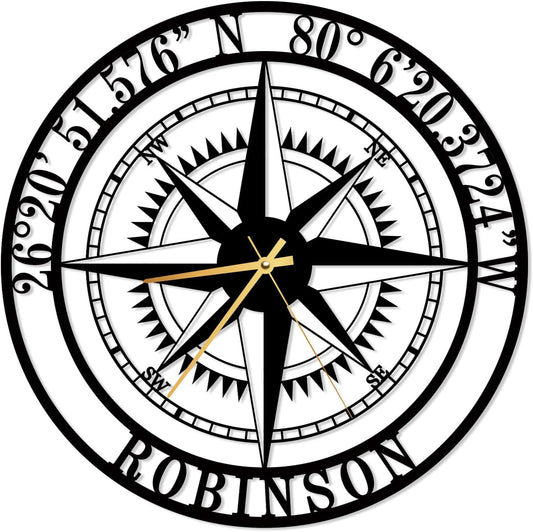 Custom Compass Wall Clock Metal Sign Clock Latitude Longitude House Gift