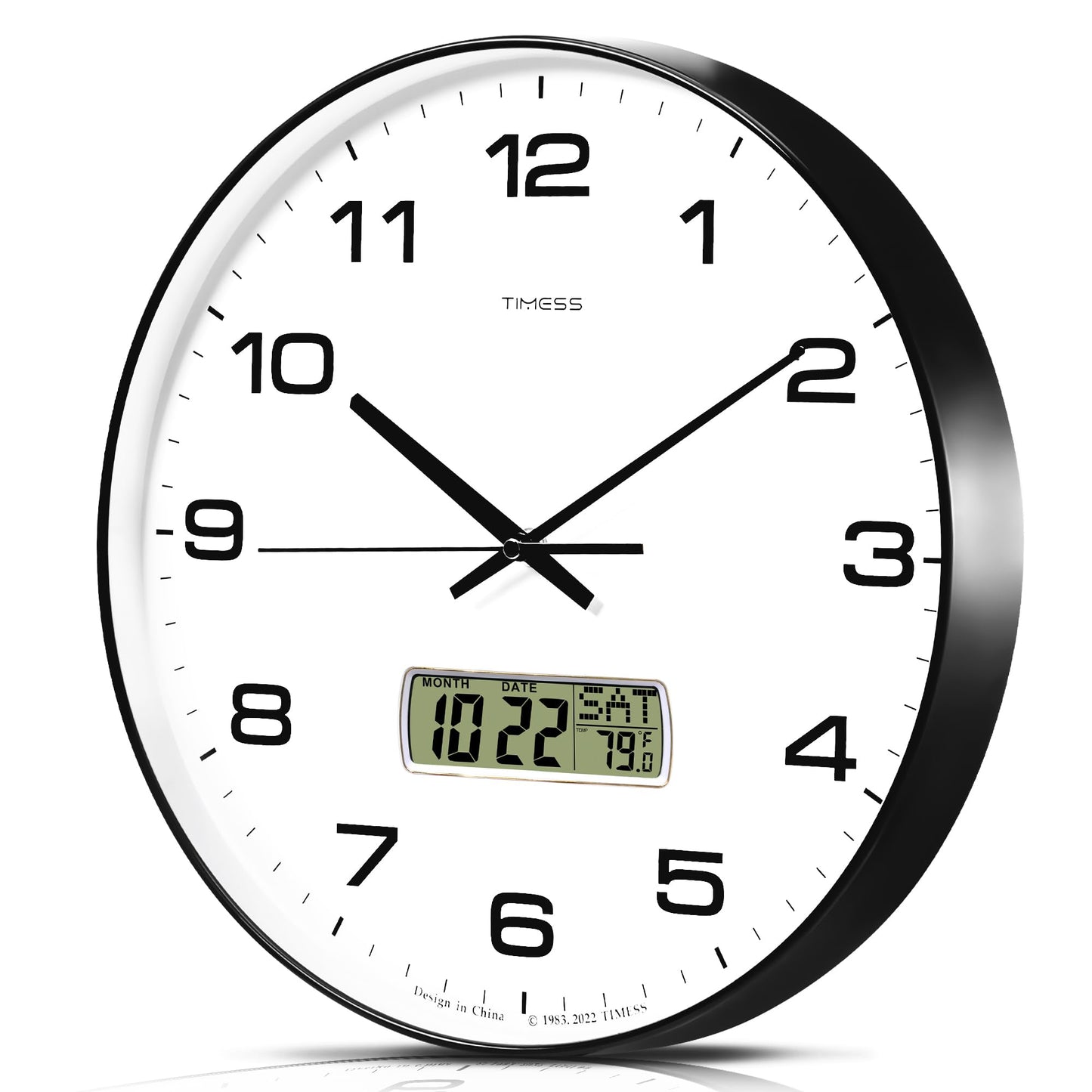 TIMESS 10-Inch Non-Ticking Analog Wall Clock with LCD Display, Blue