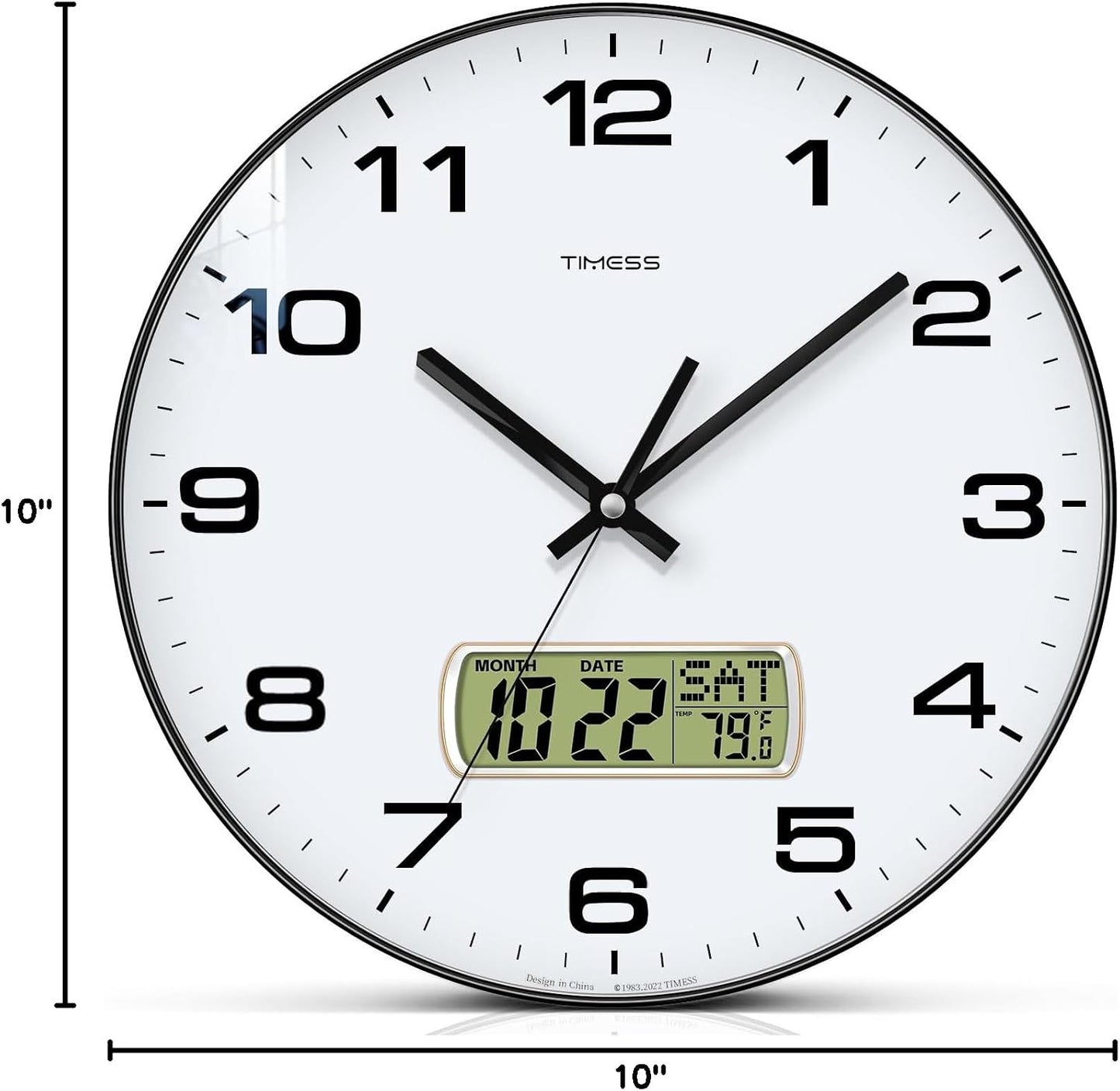 TIMESS Wall Clock, 10" Dial Non-Ticking Silent Battery Operated Analog with LCD Display for Perpetual Calendar and F° Temperature, Ideal Modern Home, Bedroom, Kitchen, Office Decor (Black)