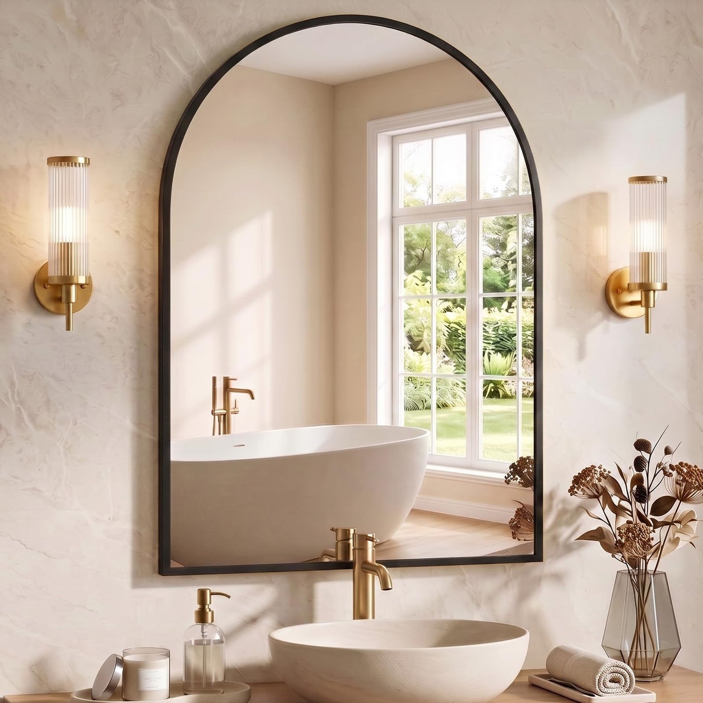 NEWBULIG 20X30 Inch Arched Bathroom Wall Mirror for Over Sink, Gold