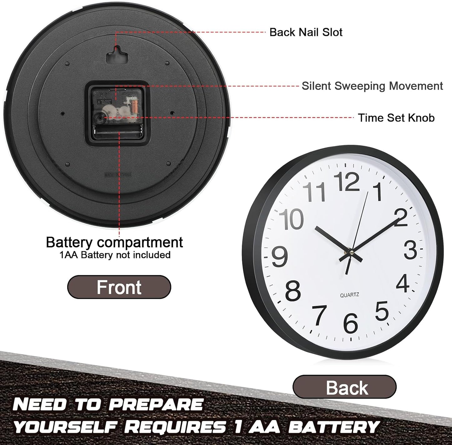 Inbagi 8 Pcs Wall Clock Bulk Large Silent Battery Operated Classroom Clocks Quartz Analog Non Ticking Wall Clocks Round for Office School Kitchen Classroom Home Bedroom Decorative(Black,12 Inch)