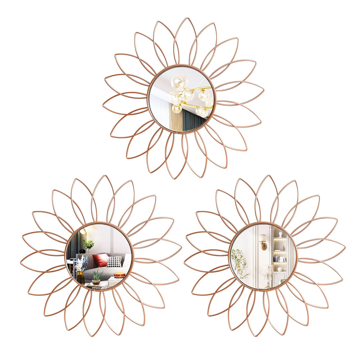 3 Pack Metal Mirrors for Wall Sunburst Wall Mirrors Home Décor Decorative Hanging Wall Art for Living Room Bedroom Entryway (Gold, Flower+Sunburst)