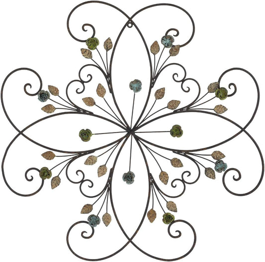 KUWIVO Lechesis 24" Metal Flower Scroll Wall Art Decor Sculptures with Rust Leaf for Living Room Bedroom
