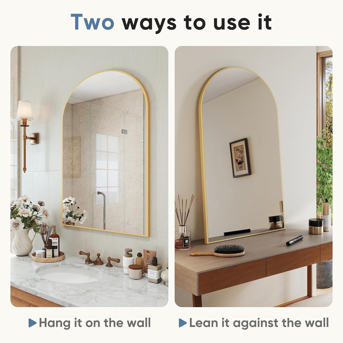 NEWBULIG 20X30 Inch Arched Bathroom Wall Mirror for Over Sink, Gold