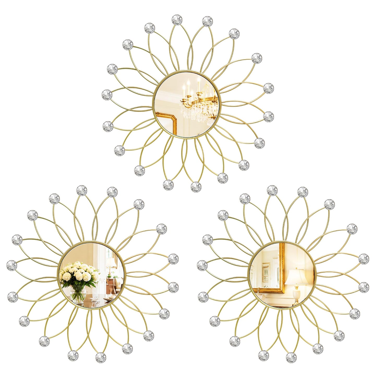 3 Pack Metal Mirrors for Wall Sunburst Wall Mirrors Home Décor Decorative Hanging Wall Art for Living Room Bedroom Entryway (Gold, Flower+Sunburst)