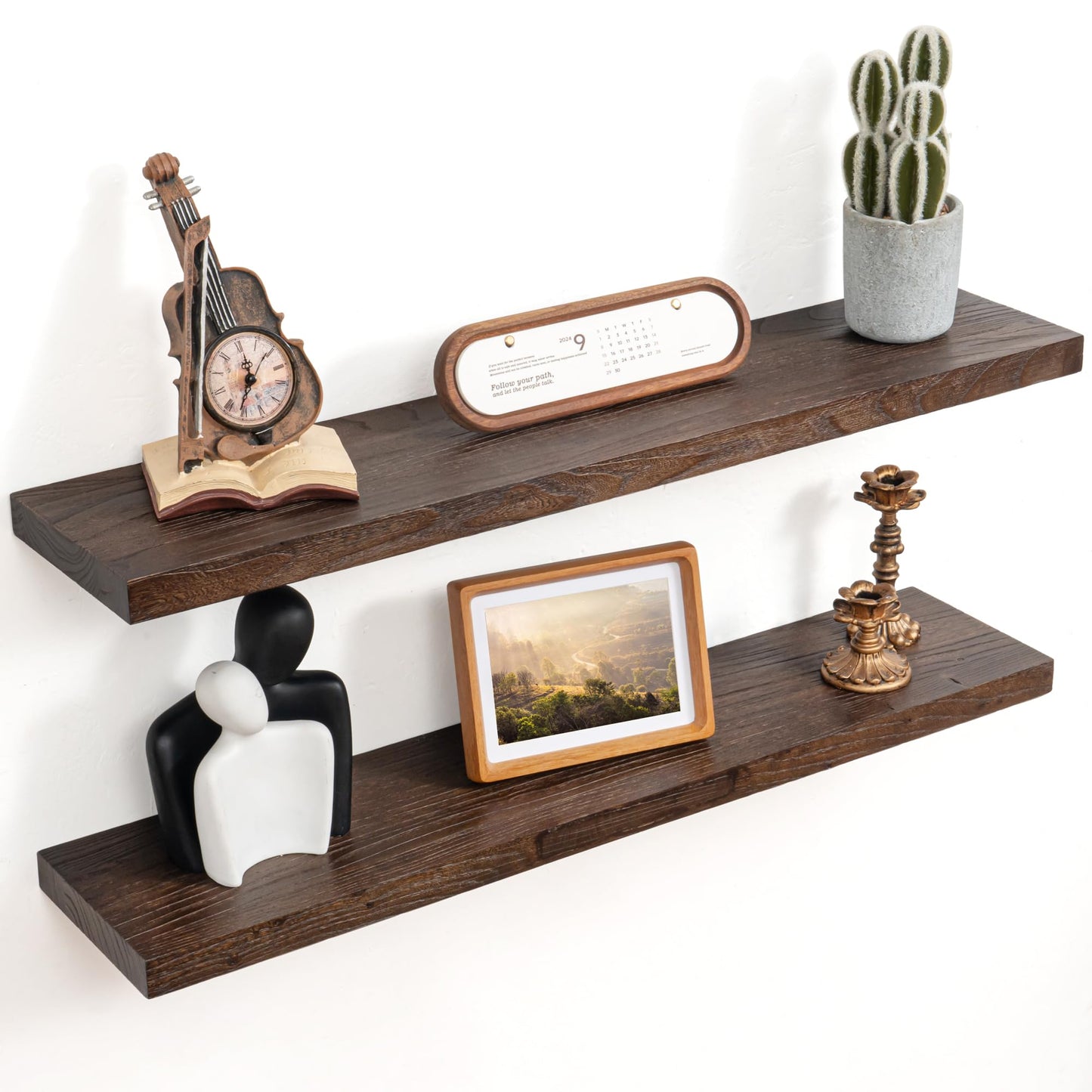 Floating Shelves for Wall Decor, Rustic Solid Elm Wood Live Edge Floating Shelves Wall Mounted, Wall Shelves with Invisible Bracket for Living Room Bathroom Bedroom Kitchen, 24 Inch Set of 2, Natural