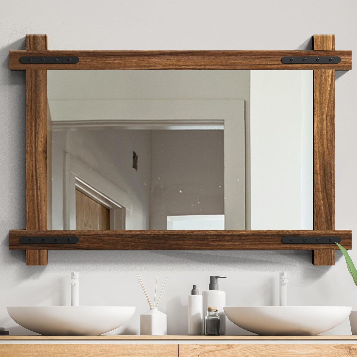 YOSHOOT Rustic Wooden Framed Wall Mirror, Natural Wood Bathroom Vanity Mirror for Farmhouse Decor, Vertical or Horizontal Hanging (26" x 18", Brown)