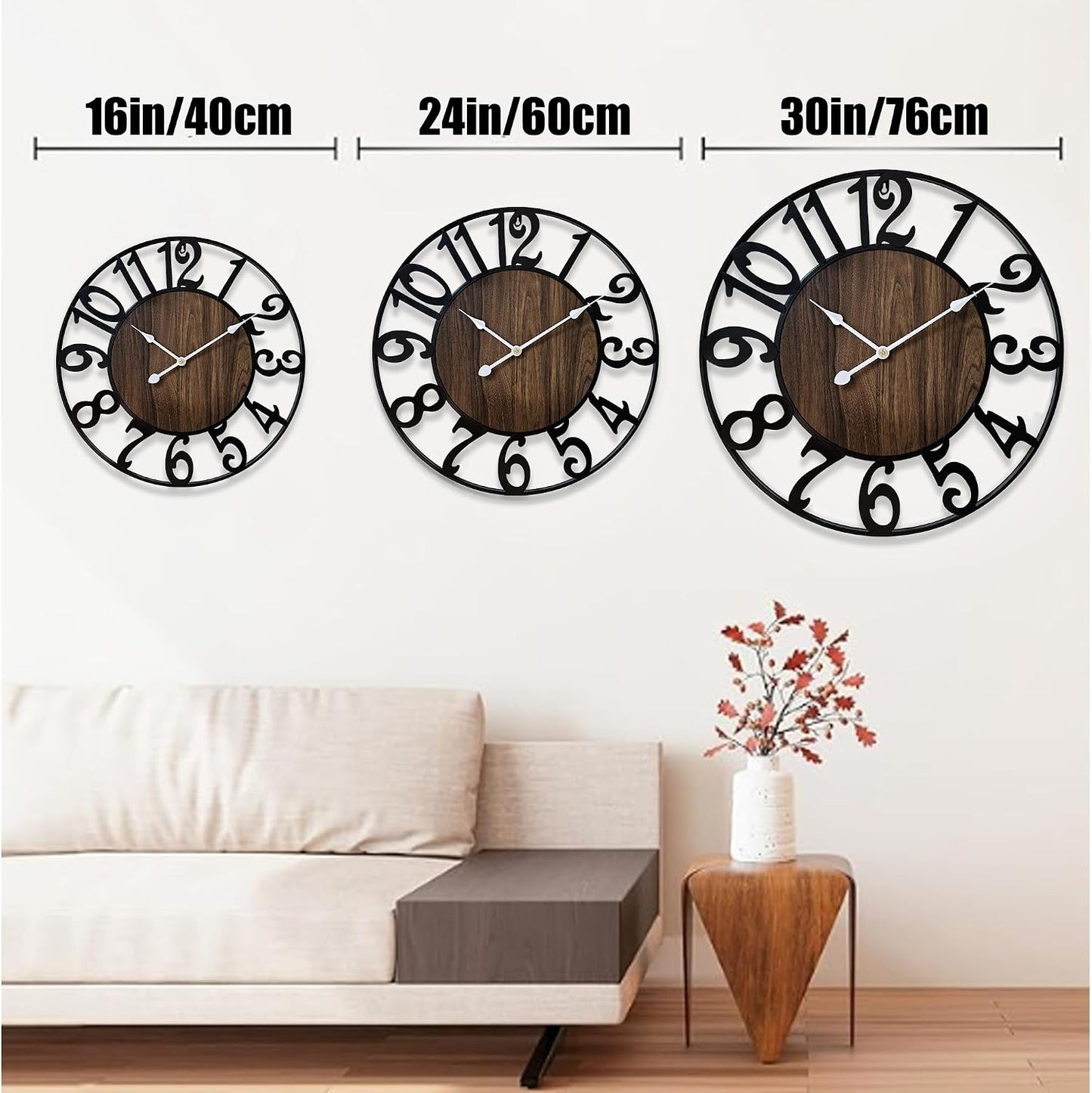 24 Inch Large Wall Clock for Living Room Bedroom Kitchen Mantel Decor, Silent Battery Operated Decorative Non Ticking Metal Round Modern Farmhouse Arabic Numerals Big Clock Wall Decor