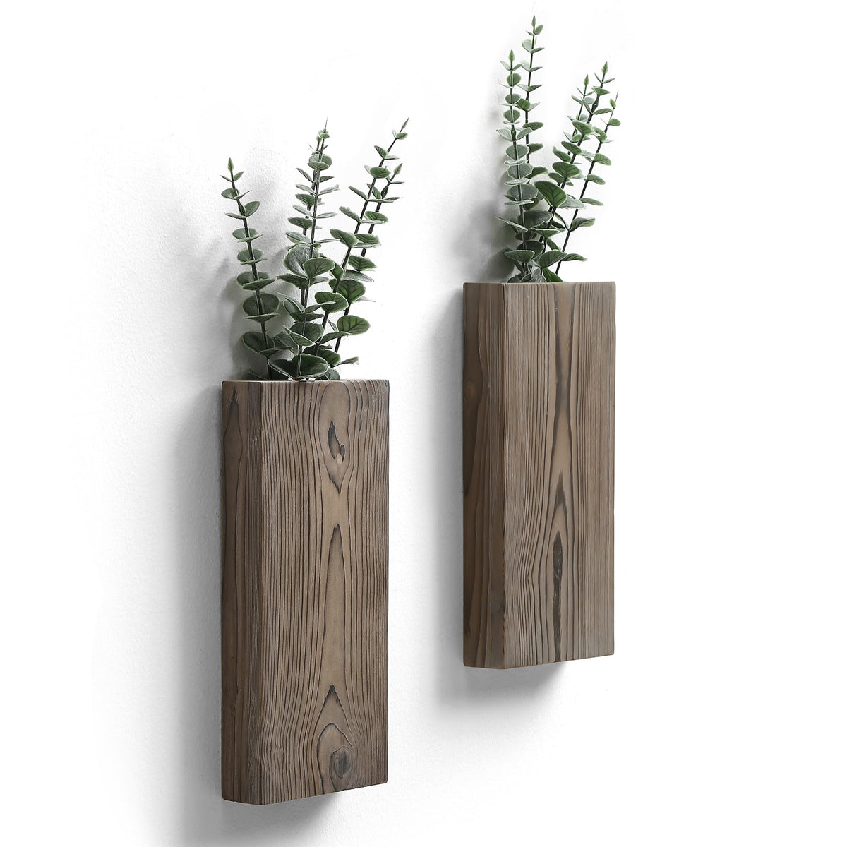 Wood Wall Planter Set of 2, Wood Wall Pocket for Greenery and Dried Flowers, Indoor Hanging Vase, Modern Farmhouse Wall Decor for Living Room Bedroom Office Eucalyptus Stems Decorations (Walnut)