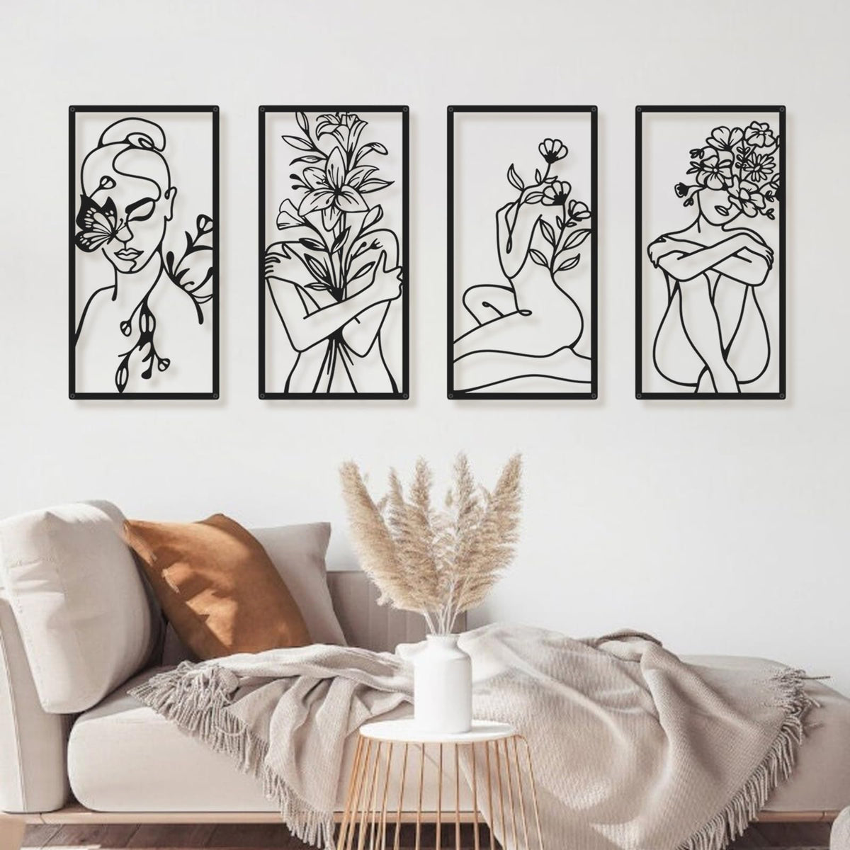 Black Metal Abstract Wall Art, Minimalist Woman Flower Bathroom Wall Decor