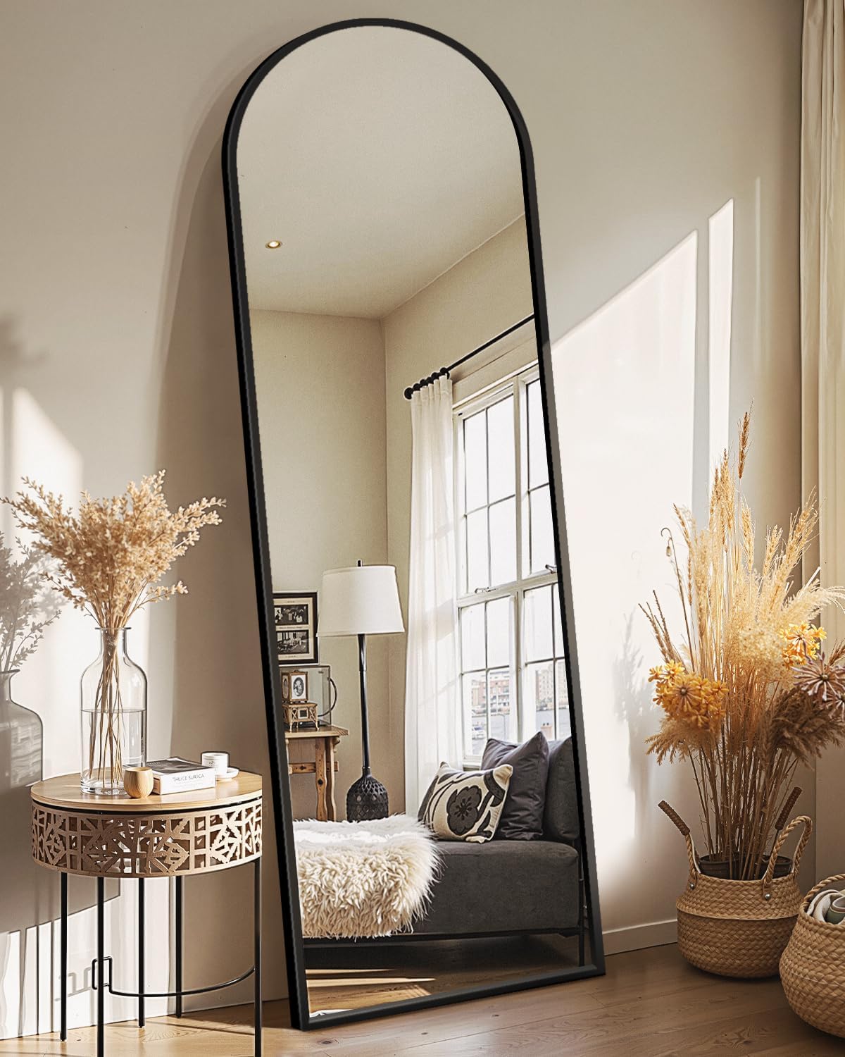 Delma Arched Full Length Mirror with Stand, Black Floor Mirror