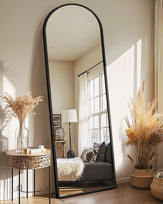 Delma Arched Full Length Mirror with Stand, Black Floor Mirror