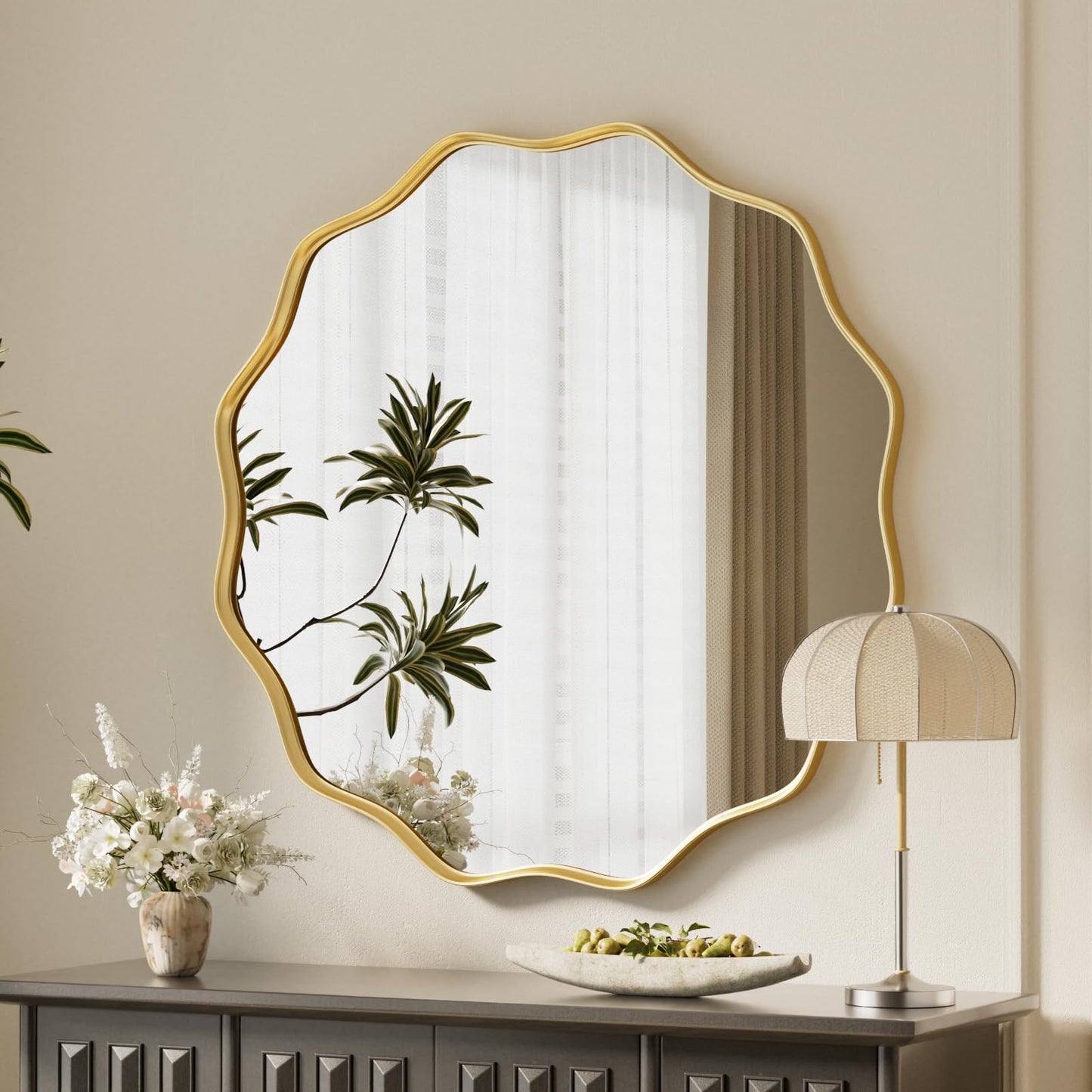 VooBang Black Scalloped Large Circle Mirror, 42" Wavy Round Wall Mirror