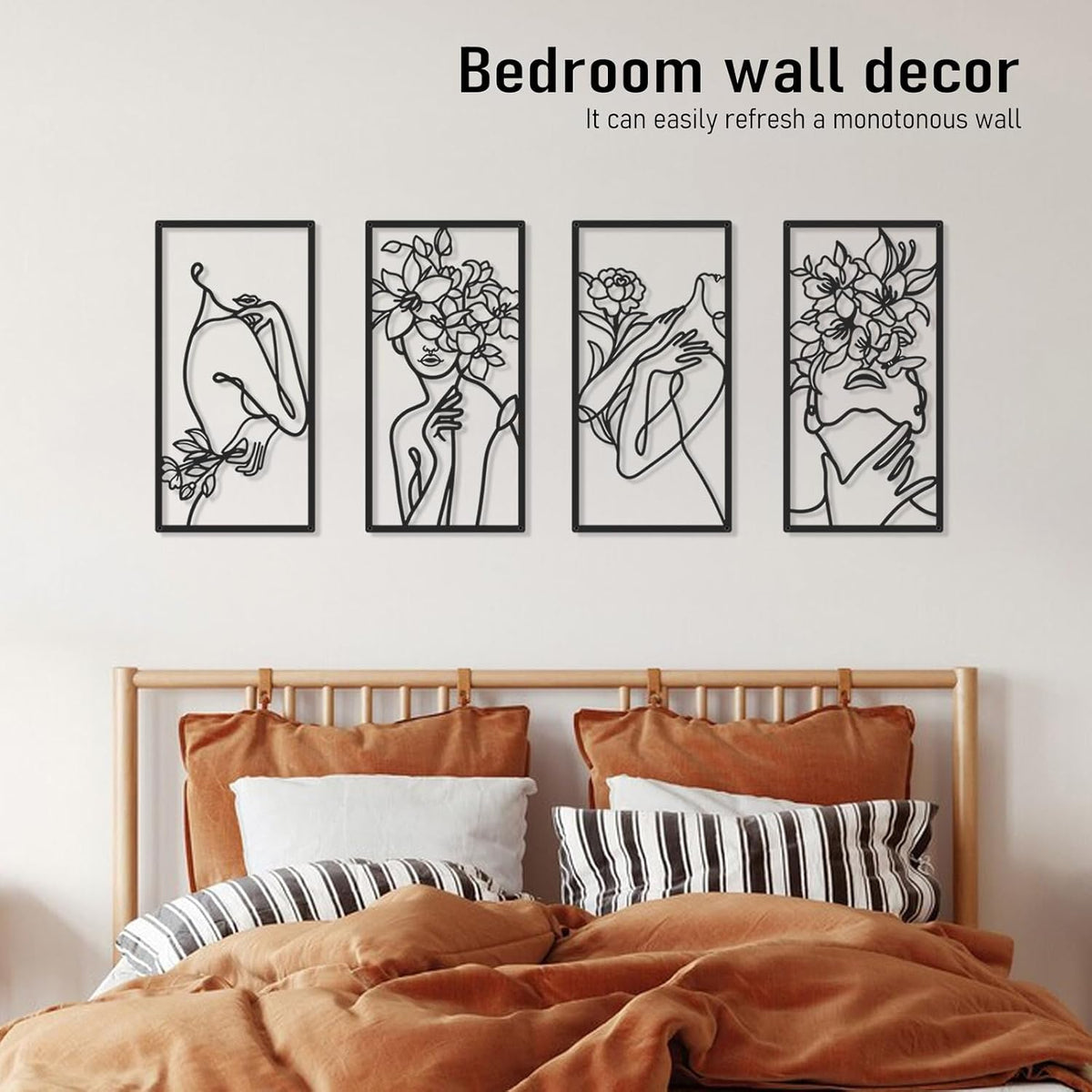 Black Metal Abstract Wall Art, Minimalist Woman Flower Bathroom Wall Decor