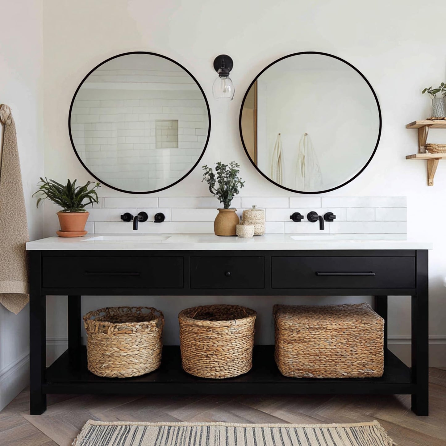 Sunniry Black Round Mirror, Round Mirror 24 inch, Matte Black Metal Frame