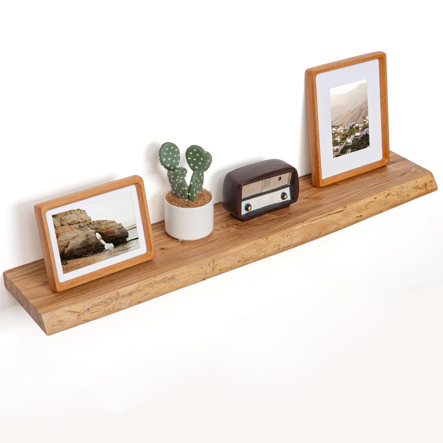 Floating Shelves for Wall Decor, Rustic Solid Elm Wood Live Edge Floating Shelves Wall Mounted, Wall Shelves with Invisible Bracket for Living Room Bathroom Bedroom Kitchen, 24 Inch Set of 2, Natural