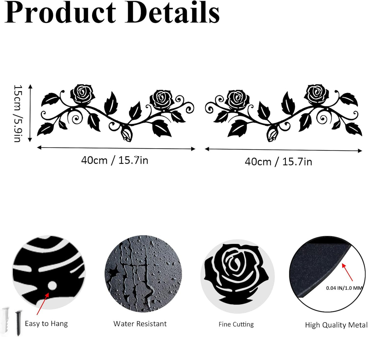 DUOOLN 2 Pcs Metal Rose Tree Leaf Wall Decor, Long Iron Scroll Vine Wall Art Above, Rustic Hanging Sign Flowers Sculpture, For Above Door Living Room Office Indoor And Outdoor Decoration - Black