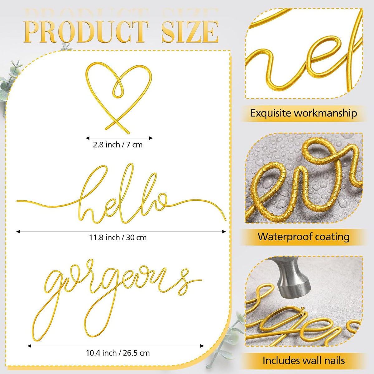 Hicarer Metal Hello Gorgeous Wall Art Minimalist Wall Decor,Gold,Classic