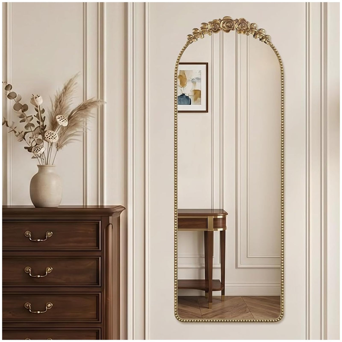 Antique Gold Arched Wall Mirror, 36" x 28" Beaded Mirror