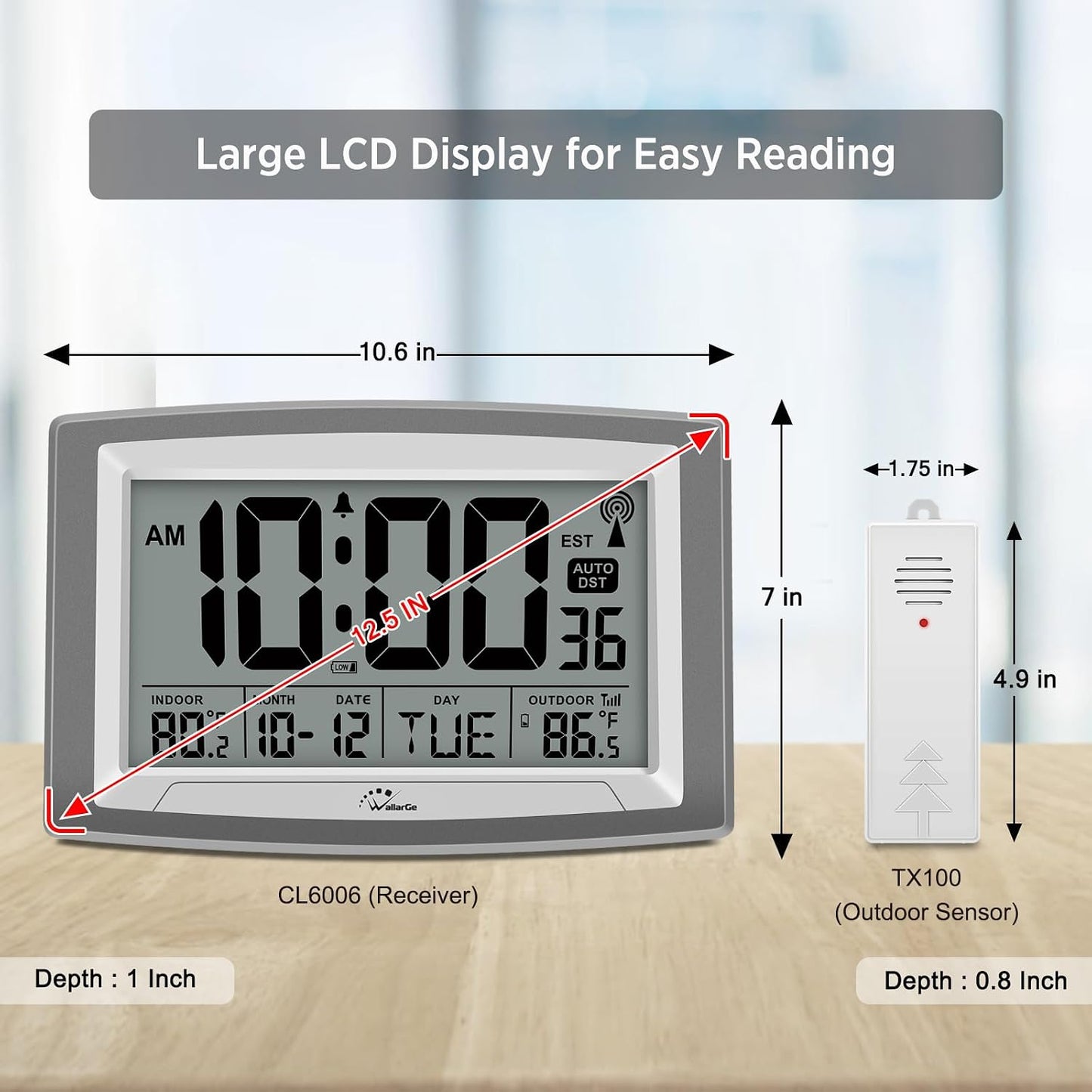 WallarGe Atomic Clock 12.5 Inch Self-Setting Digital Wall Clock
