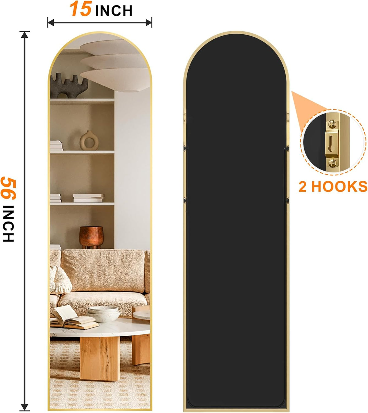 Arched Full Length Mirror, 56"x15" Standing Body Mirror for Wall, Gold