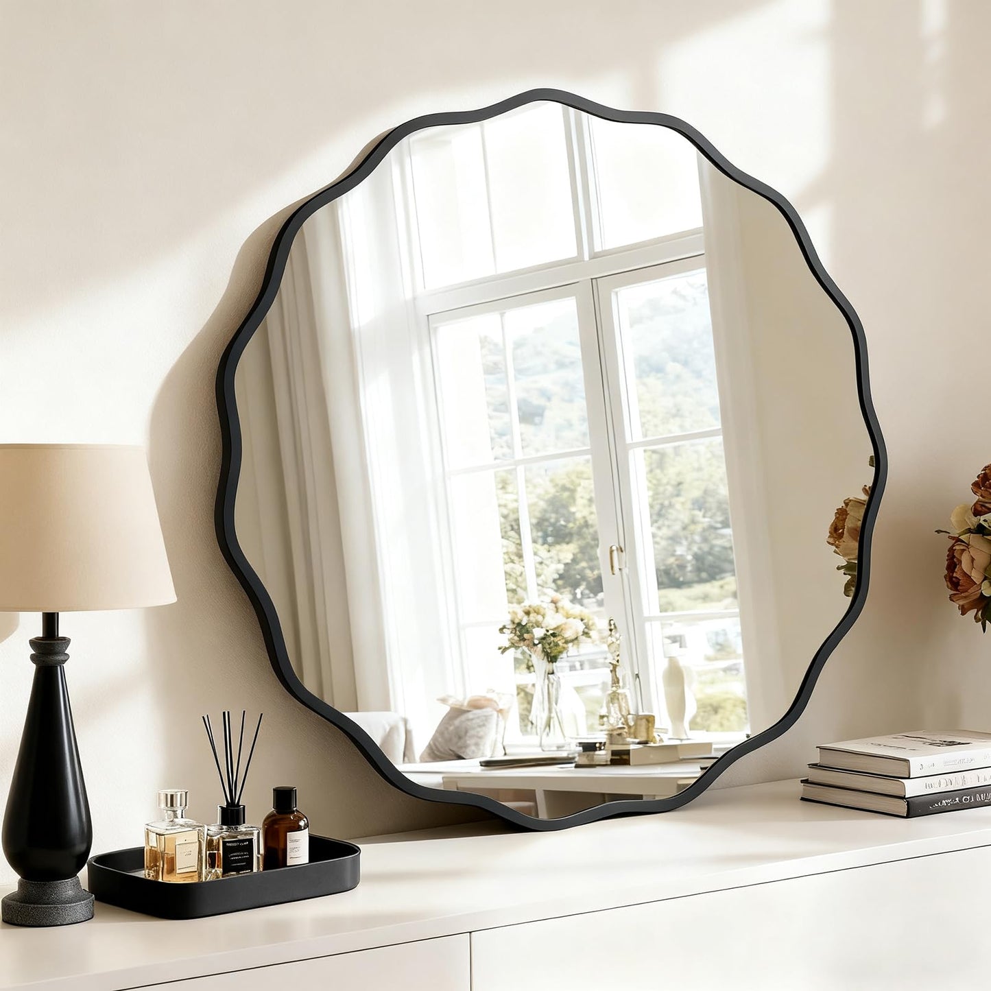 HOMECOOKIN 24" Wavy Round Wall Mirror, Gold Scalloped Circle Mirror Edge Round with Metal Frame, Modern Decorative Hanging/Leaning Mirrors for Bathroom, Hotels, Hallway, Entryway, Vanity, Office